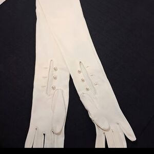 IVORY Opera Gloves 21 Inch -NYLON Long Length- PEARL BUTTONS-Size SMALL- Vintage